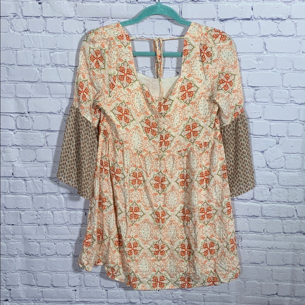 Umgee Womens Baybdoll 3/4 Bell Sleeve Flowy Top Orange Printed Sz S Boho Hippie - Picture 5 of 6